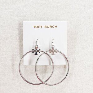 Tory Burch Stacked T Logo Hoop Earrings Silver OS